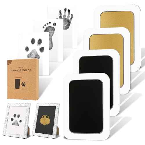 Inkless Paw Print Kit for Dogs (Black/Gold Pad,Vintage White Wood Frame / 4-Pack,Large)