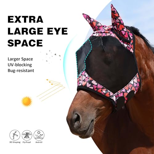 Pro LumiVista Horse Half Face Fly Mask Large Eye Space with Ears UV Protection for Horse Cute Hearts L (Cute Hearts / L)
