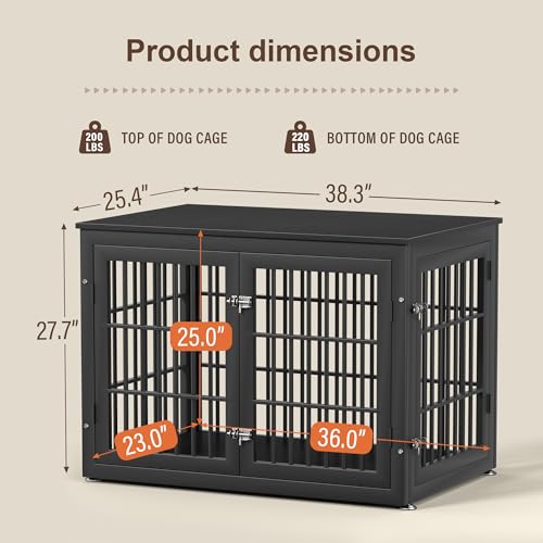 38" Heavy Duty Dog Crate Furniture for Large and Medium Dogs (Black / 38.3"L x 25.4"W x 27.7"H)