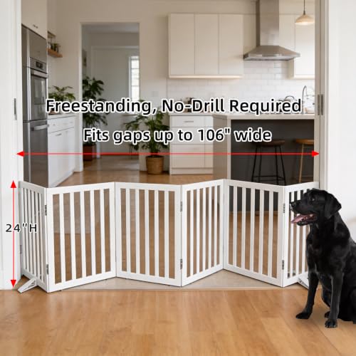 Freestanding Indoor Dog Gate for House Foldable Wood White Puppy Gate for Doorways Pet Gate for Stairs Extra Wide Pet Fence 24" Height 6 Panels (White / 【6 Panels】120''w x 24''h)