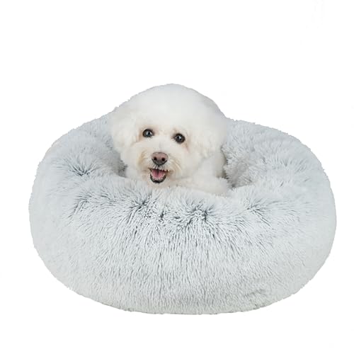 Round Calming Dog Bed for Small (Light Warm Gray / 24" x 24" x 7")