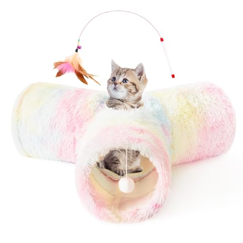 Plush Pet Cat Tunnel Tube Cat Toys 3 Way Collapsible (Plush Rainbow / Small)