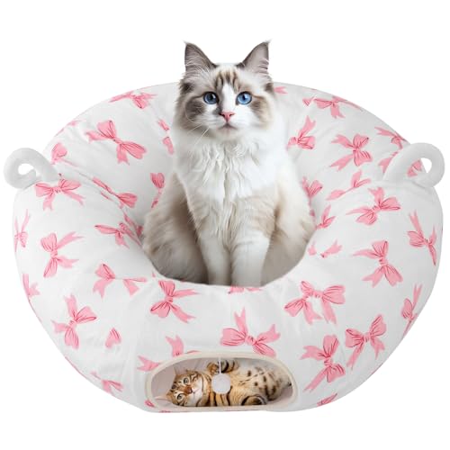 Cat Tunnel with Cat Bed for Indoor Cats (Pink)