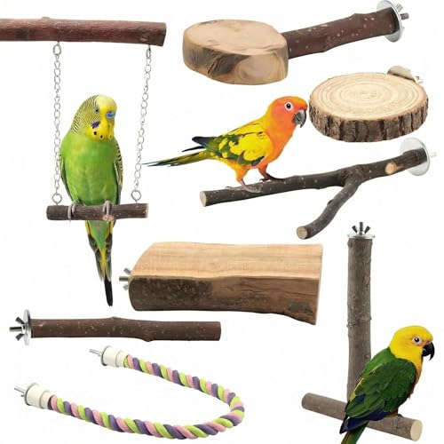 8 Piece Natural Wood Perches (brown / Swing & Rope Set - 8PCS)