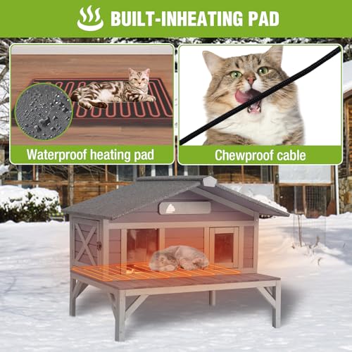 Heated Cat House Large Insulated Cat House Outdoor Weatherproof Feral Cat Shelter with Heated Pad