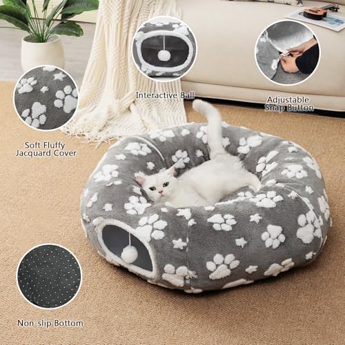 Cute Round Cat Tunnel for Indoor Cats (Grey Paw / Round)