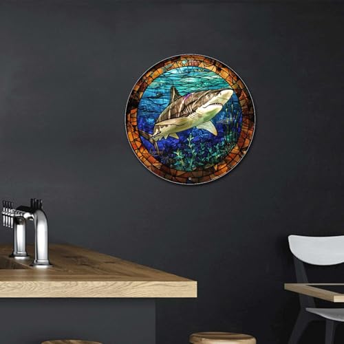 Metal Sign Tin Sign Circular Stained Glass Shark Vintage Decor for Club 12×12 Inches (12×12 Inches / Shark-2)