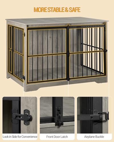 44.1" XL Dog Crate Furniture Indoor Dog Kennel with Barn Door (44.1"L x 27.6"W x 31.9"H / Greige)