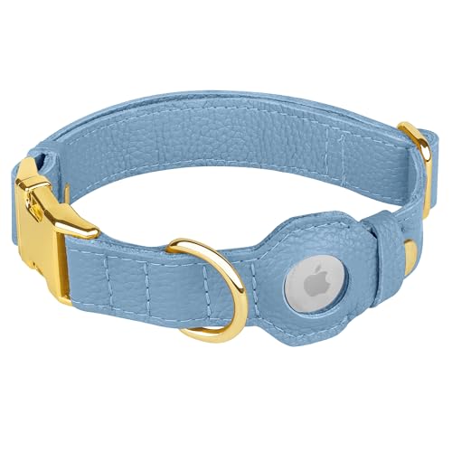 Leather Airtag Dog Collar (Cornflower / M, 14"-18" Neck Fit)