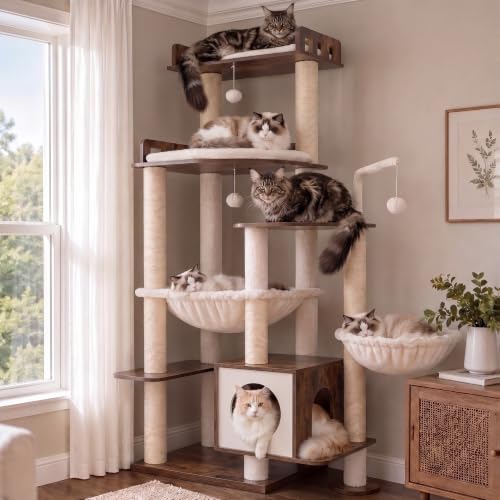 Cat Tree 70.5" Wood Tall Cat Tower for Large Indoor Cats HCT121SR (Rustic Brown / 70.5 inch)