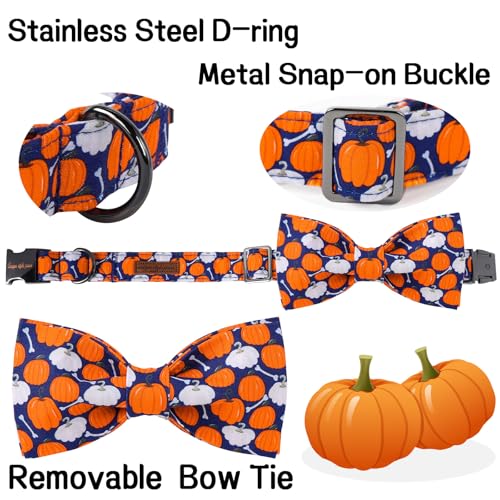 Halloween Day Dog Collar with Bow Bone Pumpkin Cotton Dog Collars for Small Medium Large Dogs (Extra Large / Bone pumpkin)