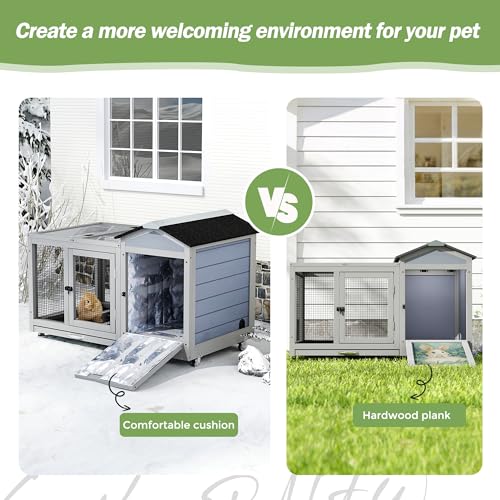 39IN Heated Rabbit Hutch with Wheels (Grey)
