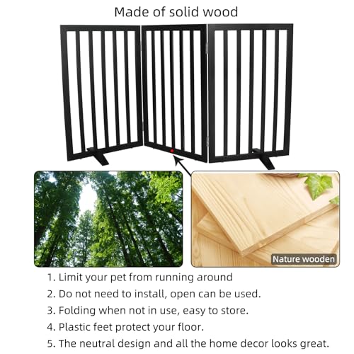 Freestanding Indoor Dog Gate for House Foldable Wood Puppy Gate for Doorways Pet Gate for Stairs Extra Wide Pet Fence (Black / 【3 Panels】60''w x 32''h)