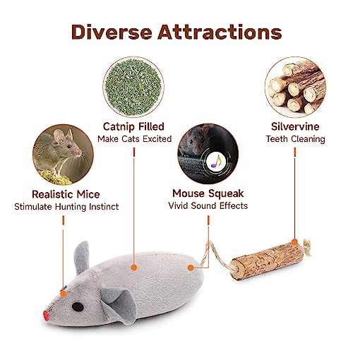 Cat Toys 3pcs Squeak Mice Interactive Catnip Silvervine Animals (8.0 Inches)