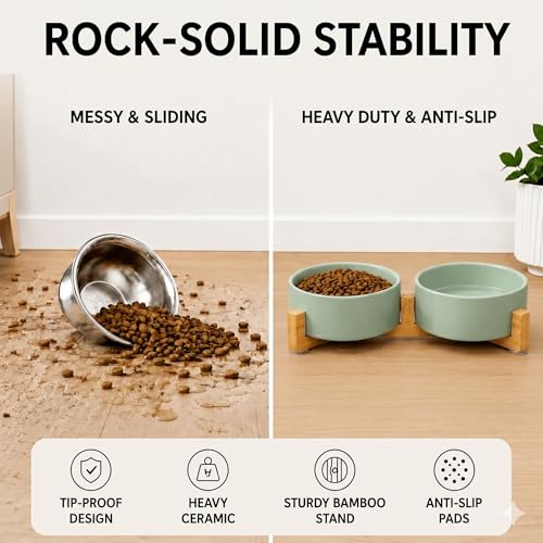Ceramic Dog and Cat Bowl Set with Wooden Stand (1.7 cups / Morandi Green × 2)