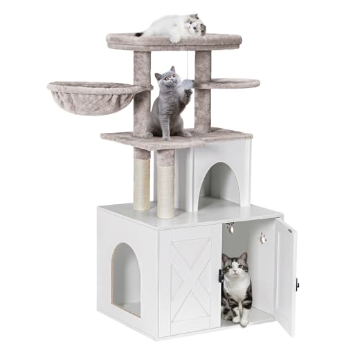 Cat Litter Box Enclosure with Cat Tree Tower and Condo (White)