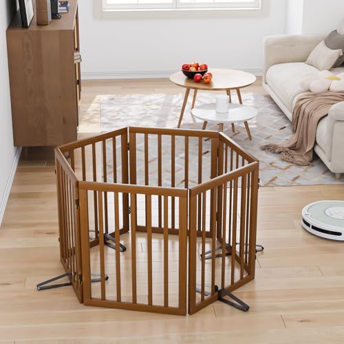 Freestanding Pet Gate Foldable Dog Gate (Walnut / 6 Panel - 110 inches Wide)