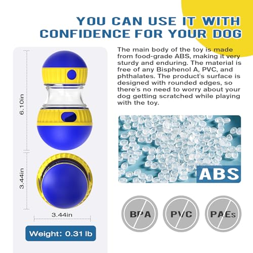 Dog Treat Dispensing Puzzle Toy Adjustable Food Dispenser Slow Feeder Puppy Enrichment Training Rolling Ball Pet Interactive Chase Toys for Small Medium Large Dogs to Keep Them Busy (Blue - Single - Standard)
