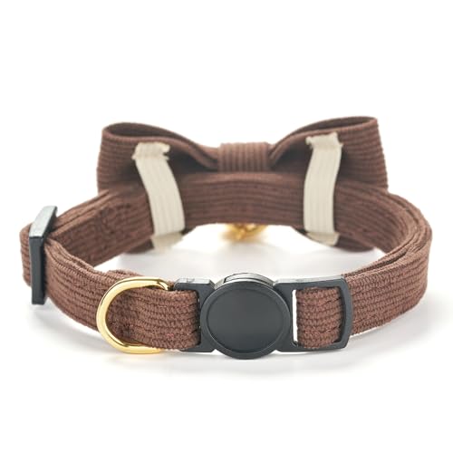 2 Pack Soft Corduroy Cat Collars with Bow Tie & Bell Adjustable Breakaway Kitten Bowtie Collar for Male Cats (S:Neck 7.0" - 11.0" / Corduroy-Black Brown)
