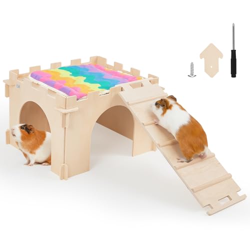 1 Pack Wooden Guinea Pig Hideout House with Stairs & Mats (1 House / Wood Color)