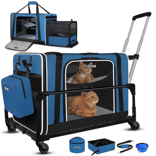 Side Expandable Extra Large Cat Carrier with Litter Box and Wheels (Prussian Blue with wheels)