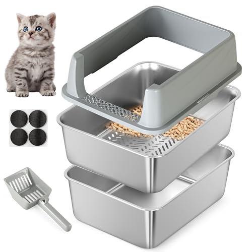 Stainless Steel Sifting Litter Box for Pine Pellets (【S】17.7" x 13.8" x 11")