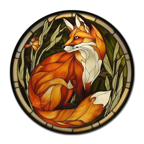 Metal Sign Tin Sign Circular Stained Glass Red Fox Wall Art for Bar 8×8 Inches (8×8 Inches / Red Fox-2)