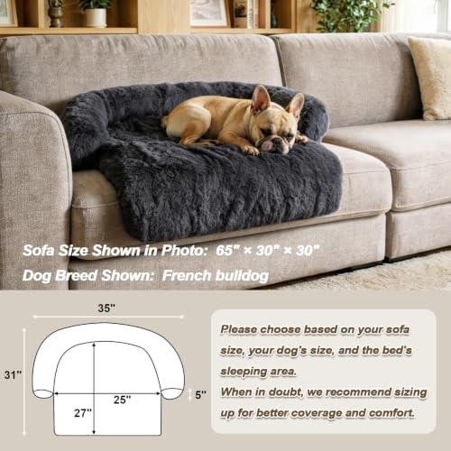Calming Dog Bed Fluffy Plush Dog Mat for Furniture Protector with Removable Washable Cover for Large Medium Small Dogs and Cats (Dark Grey / 35.0"L x 31.0"W x 5.0"Th)