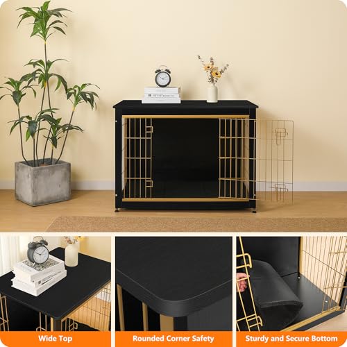 38.5" XL Dog Crate Furniture with Cushion (Black+Gold / 38.5"L x 25.6"W x 26.8"H)
