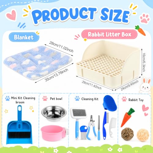 15 Pcs Rabbit Starter Kit Small Rabbit Litter Box Girls Gift Animal Grooming Kit Bunny Toys Bowl Blankets with Cleaning Set for Guinea Pig Accessories (Cream White)