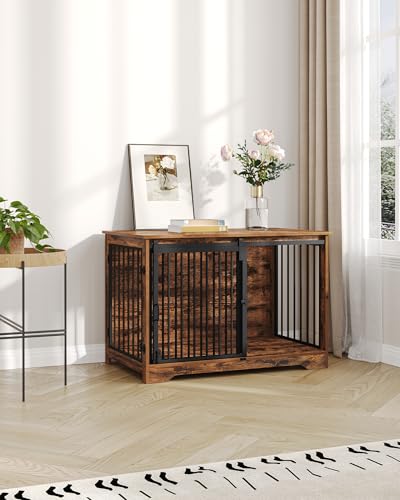 39.3" L Dog Crate Furniture Indoor Dog Kennel with Barn Door (Rustic Brown / 39.3"L x 23.6"W x 26.8"H)