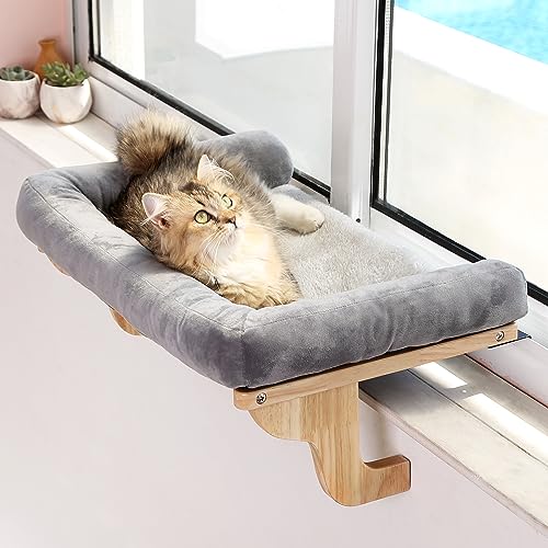Cat Perch for Windowsill with Bolsters (Natural Color Wood with Gray Bed / 24''L x 15''W)