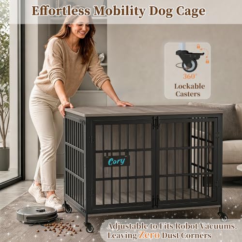 42 in Heavy Duty Dog Crate Furniture on Lockable Wheels (Grey / 42.1"L x 29.3"W x 31.2"H)