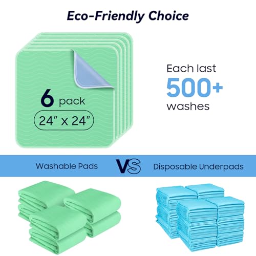 6 Pack 24” x 24” Extra Heavy Absorbency Washable Underpads Bed Pads (6 Pack - 24" x 24")