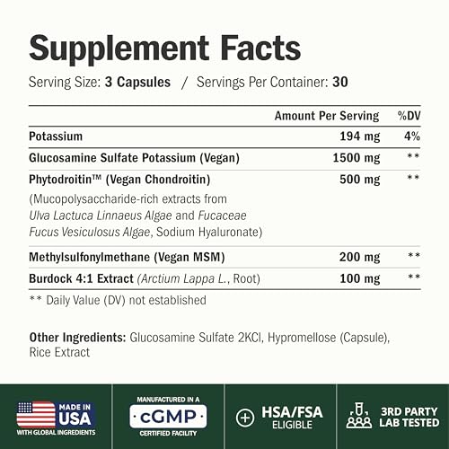 Vegan Glucosamine Chondroitin MSM Joint Supplements for Women & Men 90 Caps