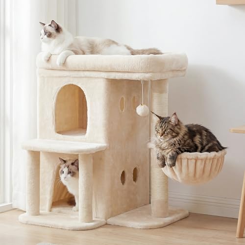 25.6" Cat Tree for Large Cats with Big Perch & Dual Condos HCT204SM (Beige / 25.6 inch)