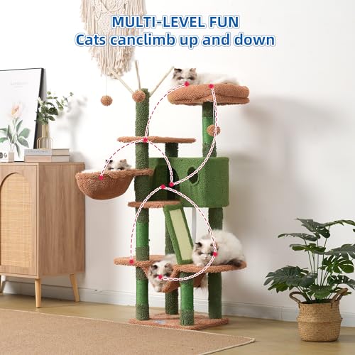 Cat Tree Tower with Padded Platform Bed (53 Inch / Cactus)