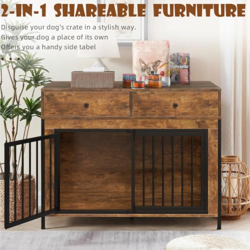 44 Inch Large Wooden Dog Crate Furniture with 2 Storage Drawers (New Brown / 44.5"L x 23.6"W x 34.5"H)