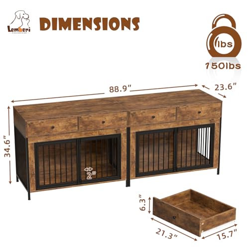 44 Inch Large Dog Crate Furniture with Storage Drawers (New Brown / 89"L x 23.6"W x 34.5"H)