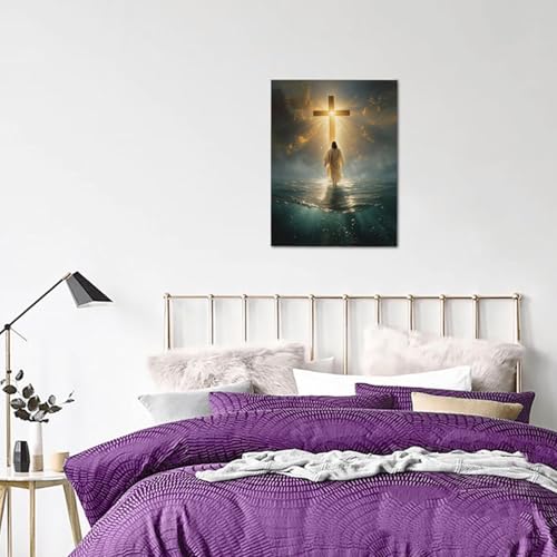 Jesus Wall Art Christian Jesus Walking on Water Pictures Wall Decor Christ Cross Pictures Canvas Religious Painting Print Framed Artwork Decorations Gifts for Living Room Bedroom Prayer Room Church 12"x16" (Jesus Cross / 16"L x 12"W)