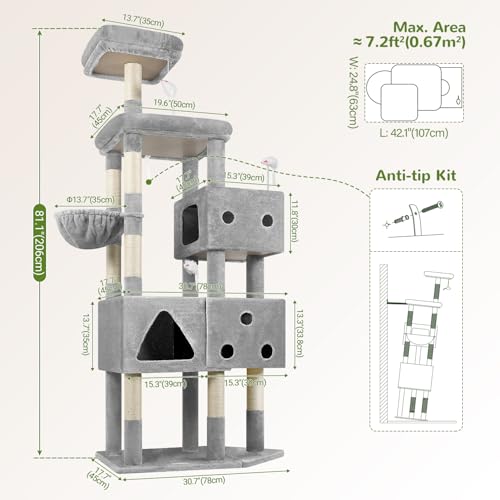 Extra Large Cat Tower for Big Cats 20 lbs (81 inch / Light Grey)