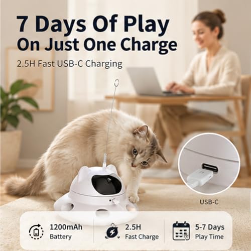 3-in-1 Auto Laser Cat Toy, USB Recharge Motion Activated Kitten Feather Chase Toy - Off-White (Off-white)