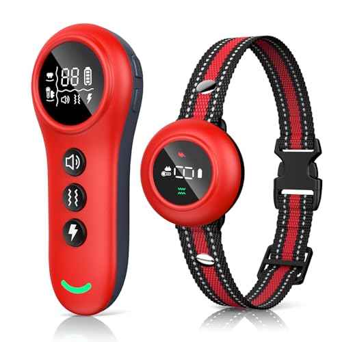 2-in-1 Dog Shock Collar & Bark Collar – 3300FT Dog Training Collar with Remote, Automatic Anti-Barking, 5 Adjustable Sensitivity Levels, IP67 Waterproof E-Collar for Small Medium Large Dogs (Red)