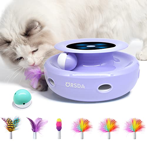Cat Toys, 2-in-1 Interactive Cat Toys for Indoor Cats, Automatic Cat Toy Balls, Mice Toys Ambush Feather Kitten Toys with 7pcs Attachments, Dual Power Supplies, Adjustable Speed, Auto On/Off (Periwinkle)