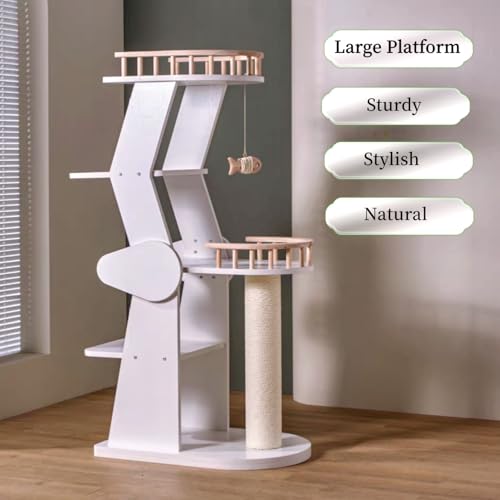 Modern Wooden Cat Tree Tower for Window Viewing Watching (White B)