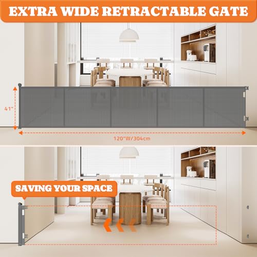 Retractable Baby Gates Extra Wide (Gray / 41" Tall x 120" Wide)
