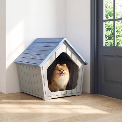 Indoor Outdoor Small Dog House Weatherproof for Small Dogs Sturdy Pet House for Indoor Living Room & Outdoor Patio (Light Blue / 24"L×23"W×23"H)