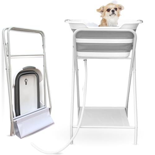 2-in-1 Dog Bathtub & Washing Station, Elevated Collapsible Bathtub with Drainhole & Storage Rack, Foldable Portable Indoor/Outdoor Pet Bathing & Grooming for Small Dogs Cats (Bathtub w Station)