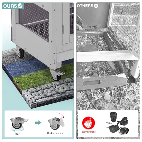 2 Tier Wooden Rabbit Hutch Indoor Bunny House Guinea Pig Cage with Sliding Plastic Trays Wheels for Easy Cleaning Ventilation Design and Mobility (Light Grey)