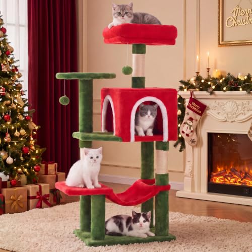 44 Inch Cat Tree Tower with Natural Sisal Scratching Posts (Red & Green / 44 Inch)